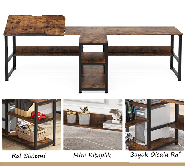 Zizuva Tasarım 240x75x60 CM 2 Kişilik Ceviz Çizim ve Bilgisayar Masası