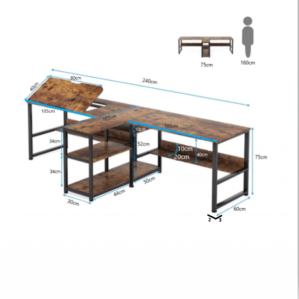 Zizuva Tasarım 240x75x60 CM 2 Kişilik Ceviz Çizim ve Bilgisayar Masası