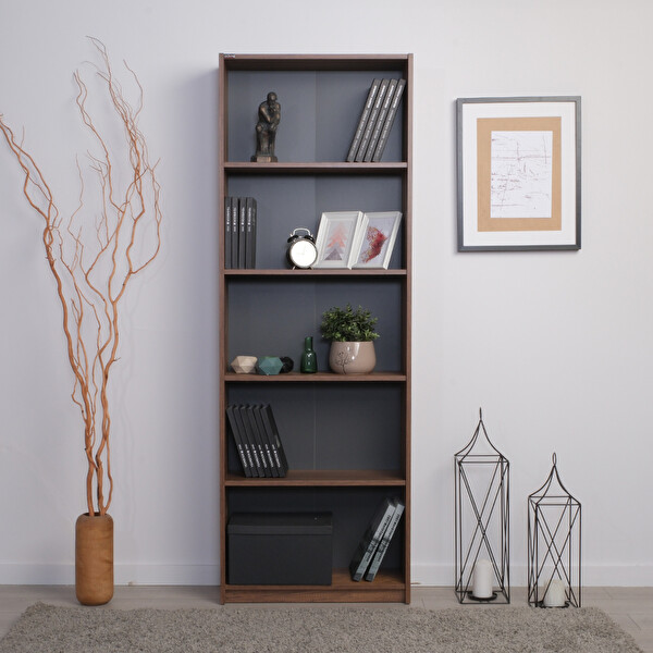Adore Mobilya Modern 5 Raflı Kitaplık-Koyu Ceviz (Oslo Ceviz) 64x182x26 CM