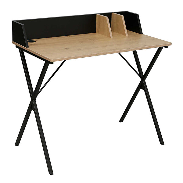Adore Mobilya Retro Metal Ayaklı Bölmeli Çalışma Masası-Ceviz/Siyah 90x85x50 CM