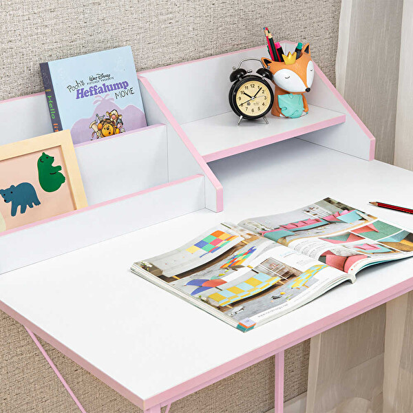 Adore Mobilya Retro Metal Ayaklı Bölmeli Çalışma Masası-Pembe/Beyaz 90x75x50 CM