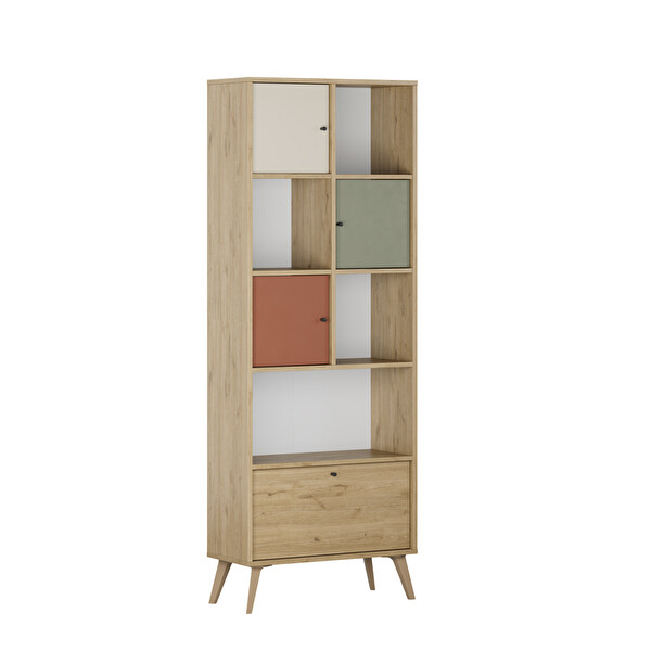 Adore Mobilya Terra Genç Odası 4 Kapaklı Kitaplık - Florida Meşe/Karışık Renk 67x181x30 CM