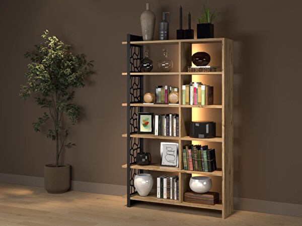 Wood'n Love Atlantis Led Işıklı Kumandalı Özel Tasarım Metal Ayaklı Kitaplık - Atlantik Çam