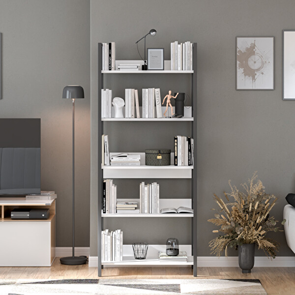 Adore Mobilya Profile Kitaplık 5 Raflı Diamond Beyaz / Siyah 73x172x35 cm