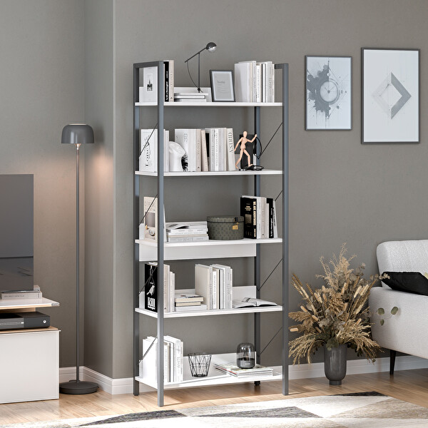 Adore Mobilya Profile Kitaplık 5 Raflı Diamond Beyaz / Siyah 73x172x35 cm