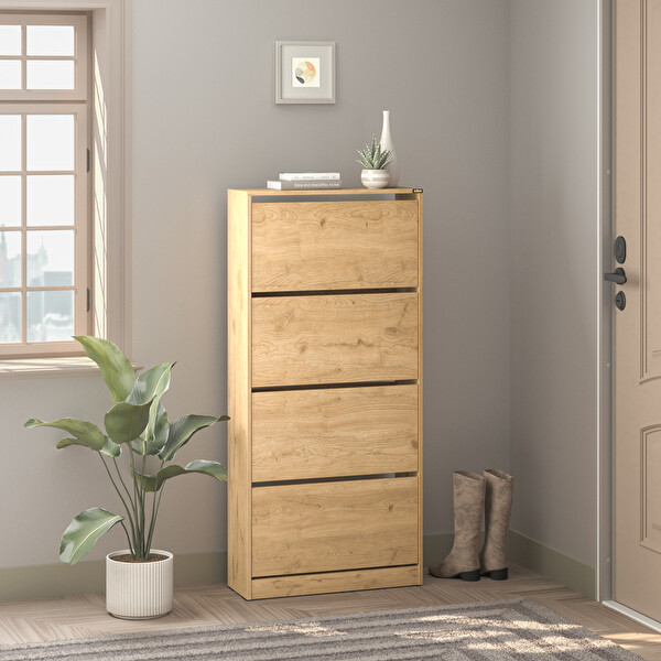 Adore Mobilya Flat Duo 4 Katlı Geniş Ayakkabılık - Florida Meşe 73x157x26 cm