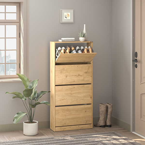 Adore Mobilya Flat Duo 4 Katlı Geniş Ayakkabılık - Florida Meşe 73x157x26 cm