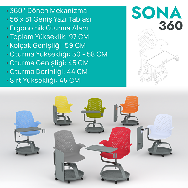 Karr Office Sona 360 Yazı Tablalı Mobil Eğitim Sandalyesi Mavi