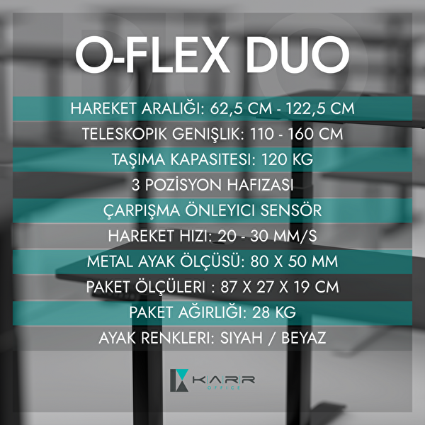 Karr Office O-Flex Duo Çift Motorlu Elektrikli Yükseklik Ayarlı Masa - 120x60 - Pasifik Mavi