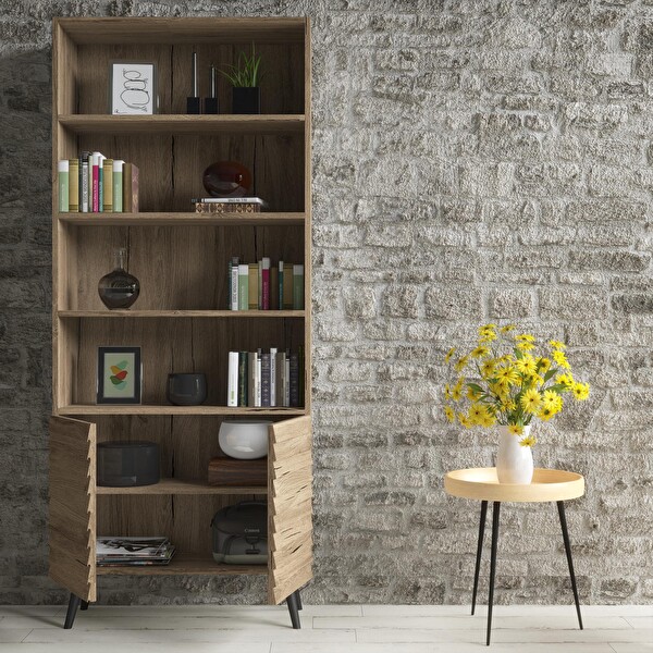 Wood'n Love Della Premium 6 Raflı 2 Kapaklı Panjur Desenli Kitaplık - Minifiks - Pera Siyah