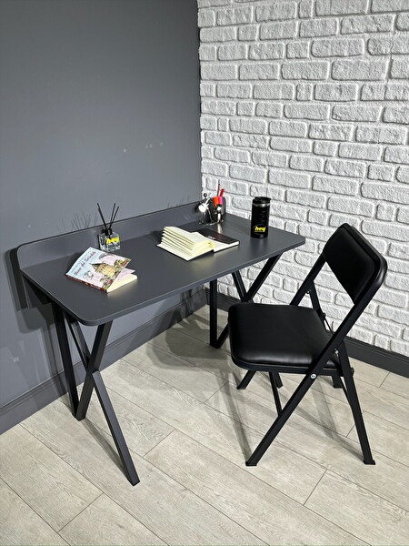 Hey Modüler Mobilya Buse Çalışma Masası Ofis Bilgisayar Masası - Katlanır Sandalyeli 103 CM Metal Siyah Ayak