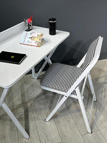 Hey Modüler Mobilya Buse Çalışma Masası Ofis Bilgisayar Masası - Katlanır Sandalyeli 103 CM Metal Beyaz Ayak