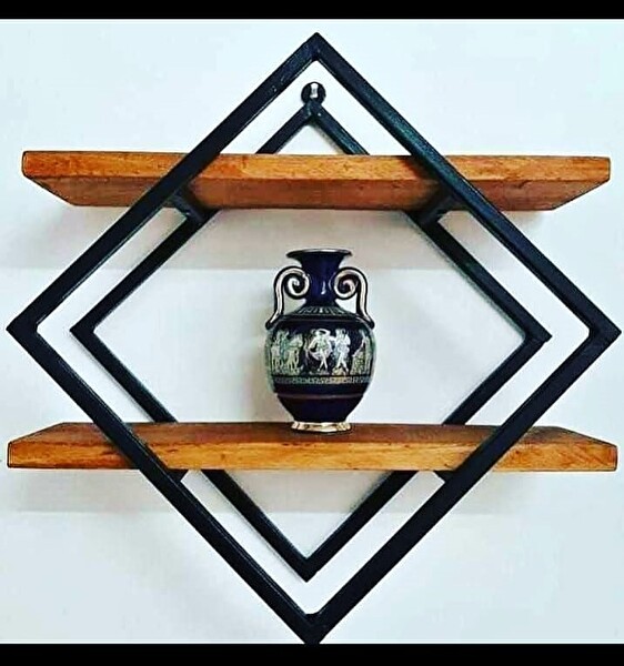 141211 Zlf Duvara Monte İkili Ahşap Raf Metal Siyah Ayak El Yapım Kitaplık