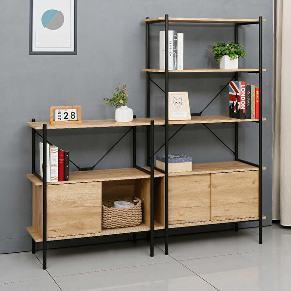 Adore Mobilya Retro 2 Raflı Sürgü Kapaklı Metal Kitaplık - Ceviz-Siyah 80x92x40 CM