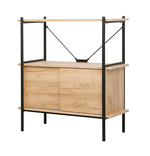 Adore Mobilya Retro 2 Raflı Sürgü Kapaklı Metal Kitaplık - Ceviz-Siyah 80x92x40 CM
