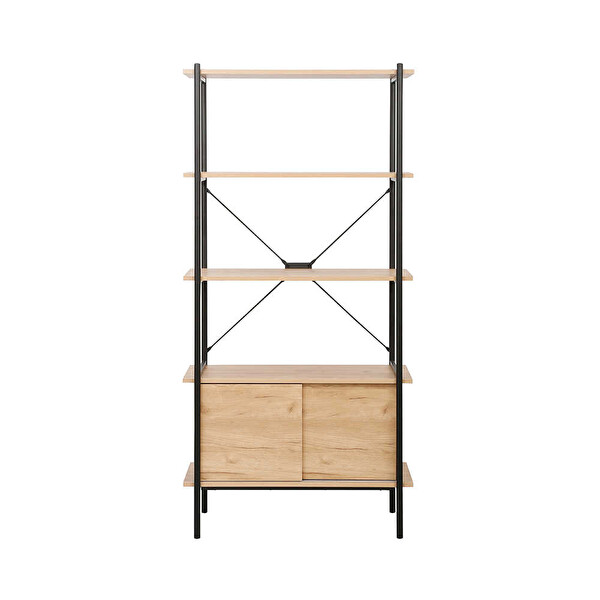 Adore Mobilya Retro 4 Raflı Sürgü Kapaklı Metal Kitaplık 80x163x40 CM - Ceviz-Siyah