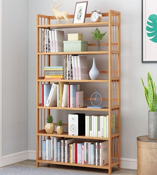 Valkyrie 6 Katlı Bambu Raf Kitaplık 78x23x149.5 Cm Çok Amaçlı Düzenleyici Dekoratif Organizer