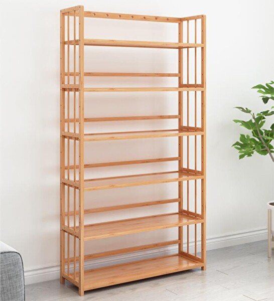 Valkyrie 6 Katlı Bambu Raf Kitaplık 78x23x149.5 Cm Çok Amaçlı Düzenleyici Dekoratif Organizer