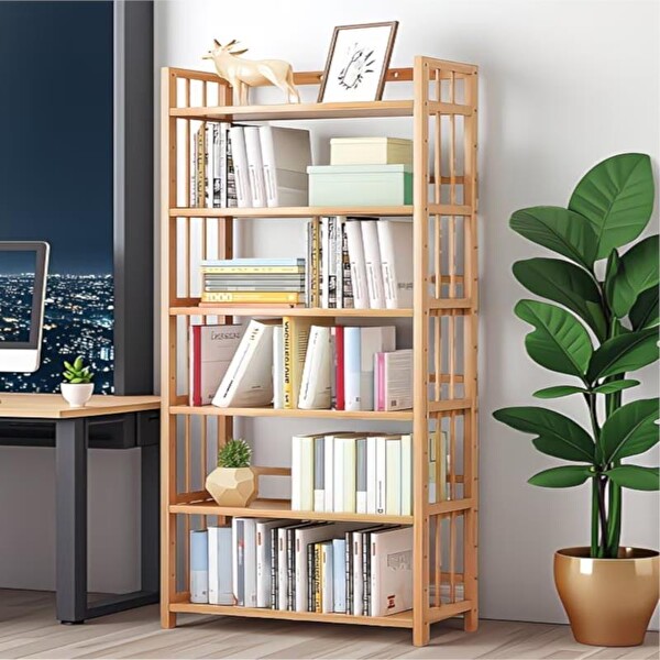 Valkyrie 6 Katlı Bambu Raf Kitaplık 78x23x149.5 Cm Çok Amaçlı Düzenleyici Dekoratif Organizer