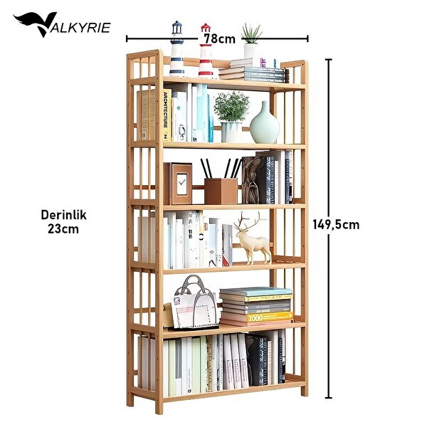 Valkyrie 6 Katlı Bambu Raf Kitaplık 78x23x149.5 Cm Çok Amaçlı Düzenleyici Dekoratif Organizer