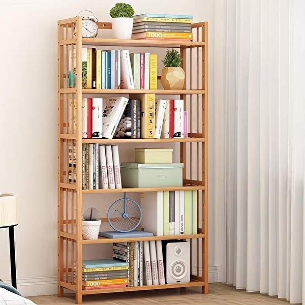 Valkyrie 6 Katlı Bambu Raf Kitaplık 78x23x149.5 Cm Çok Amaçlı Düzenleyici Dekoratif Organizer