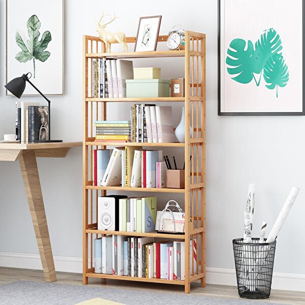 Valkyrie 6 Katlı Bambu Raf Kitaplık 78x23x149.5 Cm Çok Amaçlı Düzenleyici Dekoratif Organizer