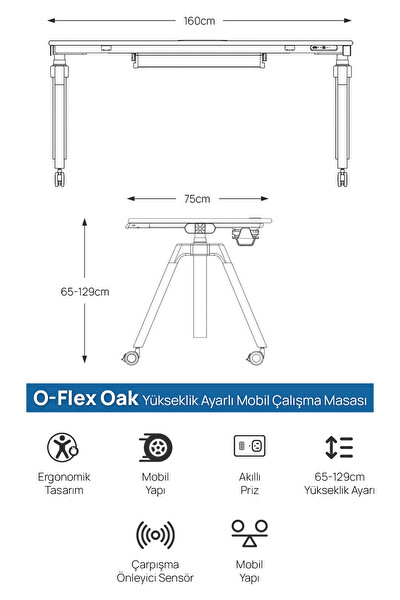 Karr Office O-Flex Oak Yükseklik Ayarlı Çalışma Masası