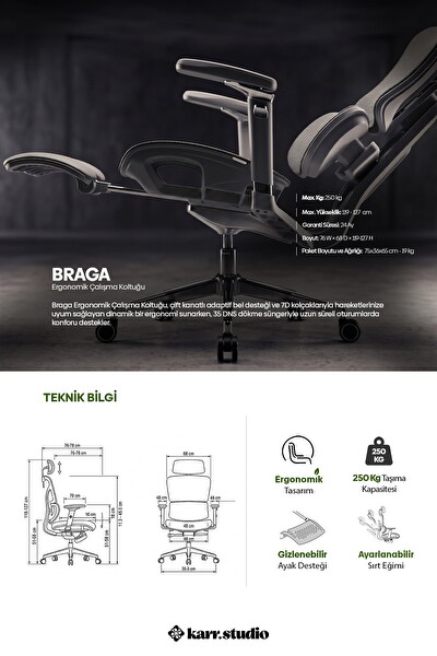 Karr Office Braga Ergonomik Çalışma Koltuğu Siyah