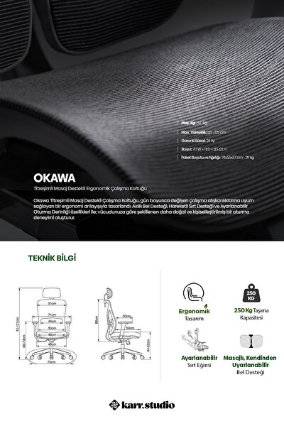 Karr Office Okawa Titreşimli Masaj Destekli Ergonomik Çalışma Koltuğu Siyah