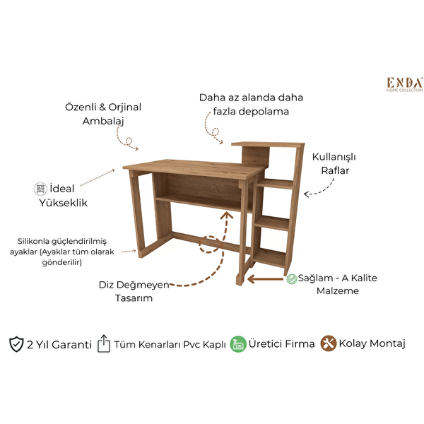 Reyo Enda Home Saye 5 Raflı Kitaplıklı Çalışma Masası Atlantik Çam