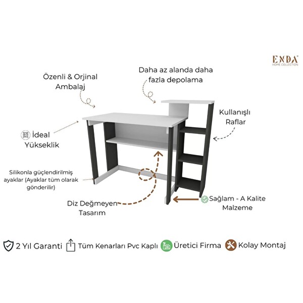 Reyo Enda Home Saye 5 Raflı Kitaplıklı Çalışma Masası Antrasit - Beyaz