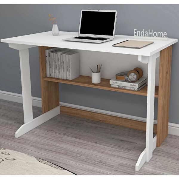 Reyo Enda Home Pillar Kütüphaneli Geniş Çalışma Masası 100x56 CM Atlantik Çam - Beyaz