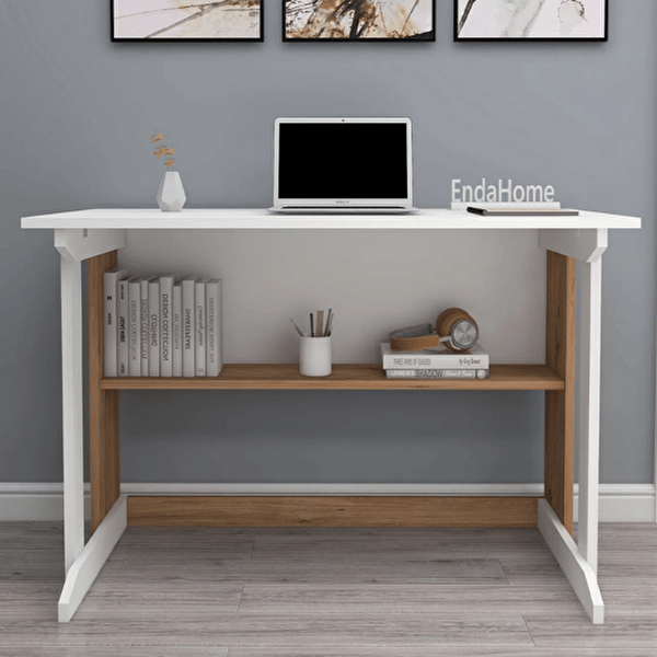 Reyo Enda Home Pillar Kütüphaneli Geniş Çalışma Masası 100x56 CM Atlantik Çam - Beyaz