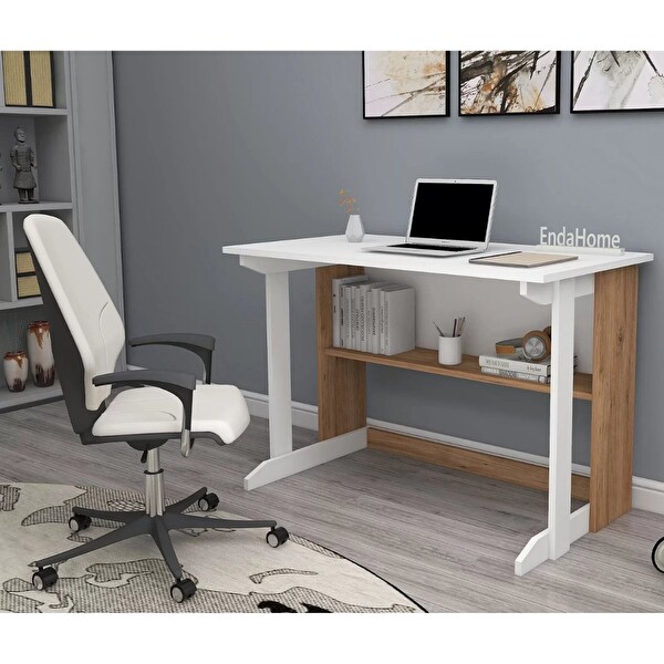 Reyo Enda Home Pillar Kütüphaneli Geniş Çalışma Masası 100x56 CM Atlantik Çam - Beyaz