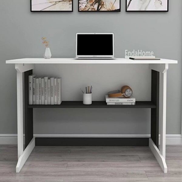 Reyo Enda Home Pillar Kütüphaneli Geniş Çalışma Masası 100x56 CM Beyaz - Antrasit