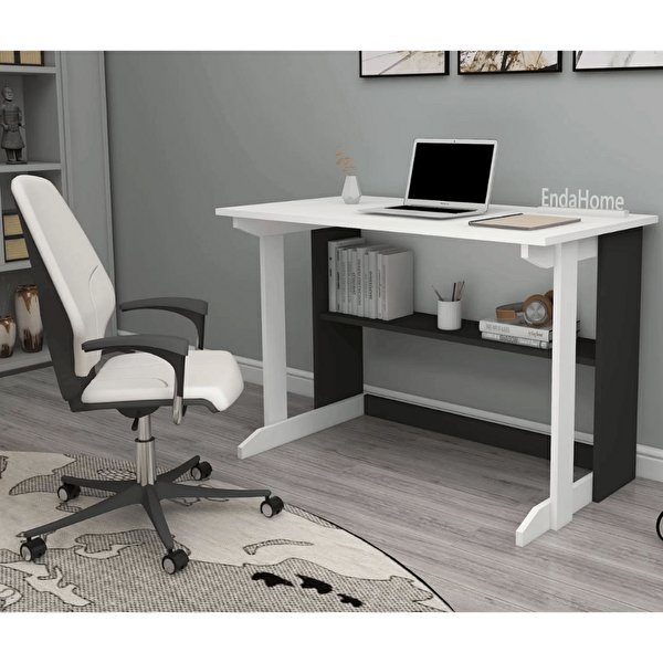 Reyo Enda Home Pillar Kütüphaneli Geniş Çalışma Masası 100x56 CM Beyaz - Antrasit