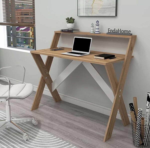 Reyo Enda Home X Ayaklı Raflı Ders Çalışma Masası 50x90 CM Atlantik Çam