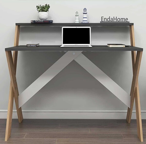Reyo Enda Home X Ayaklı Raflı Ders Çalışma Masası 50x90 CM Çam - Antrasit