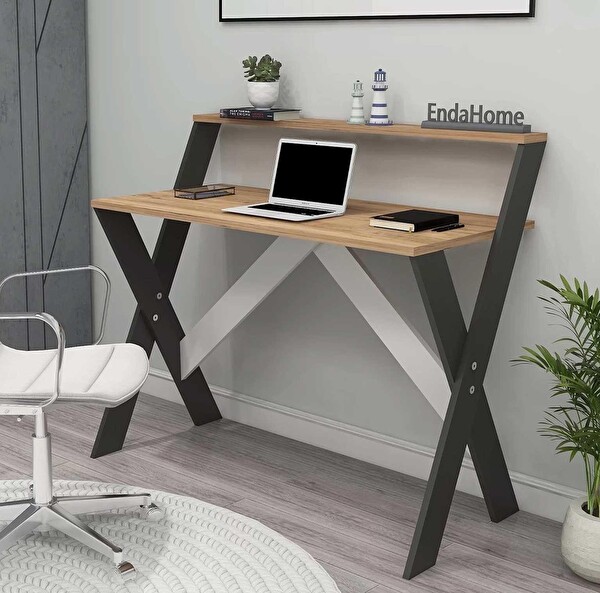Reyo Enda Home X Ayaklı Raflı Ders Çalışma Masası 50x90 CM Antrasit - Çam