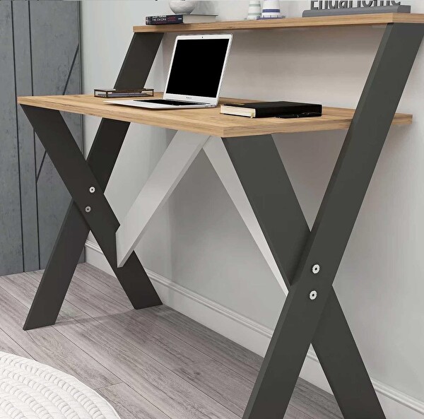 Reyo Enda Home X Ayaklı Raflı Ders Çalışma Masası 50x90 CM Antrasit - Çam