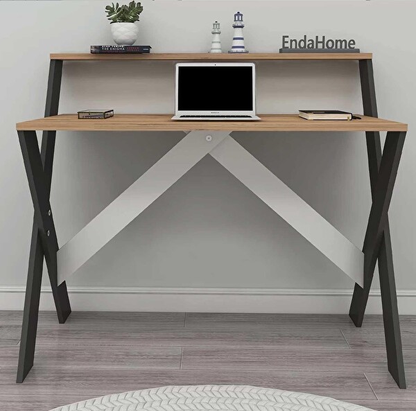 Reyo Enda Home X Ayaklı Raflı Ders Çalışma Masası 50x90 CM Antrasit - Çam