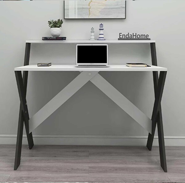 Reyo Enda Home X Ayaklı Raflı Ders Çalışma Masası 50x90 CM Antrasit - Beyaz
