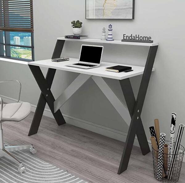 Reyo Enda Home X Ayaklı Raflı Ders Çalışma Masası 50x90 CM Antrasit - Beyaz