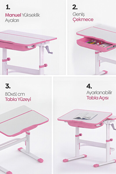 Karr Kids Flora Yükseklik Ayarlı Çocuk Çalışma Masası - Pembe