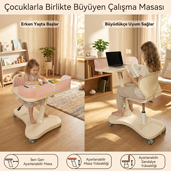 ErgoKids Bonny Mobil Çocuk Çalışma Masası ve Sandalye Seti Pembe