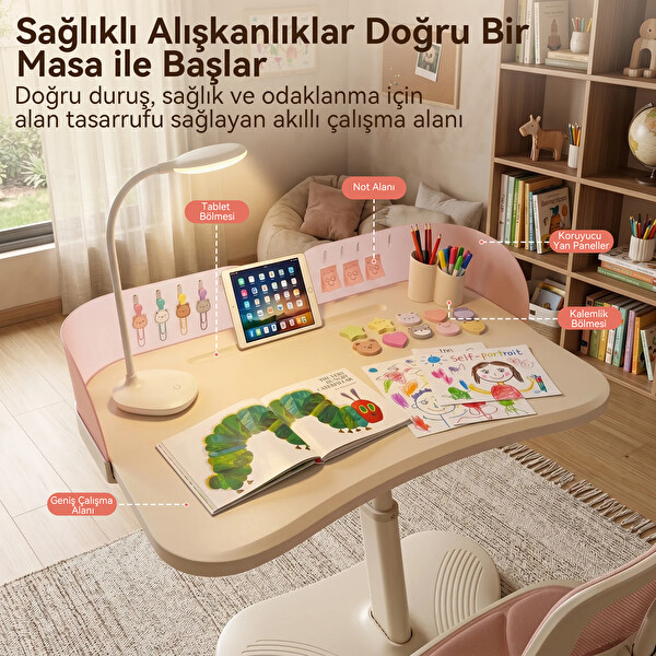 ErgoKids Bonny Mobil Çocuk Çalışma Masası ve Sandalye Seti Pembe