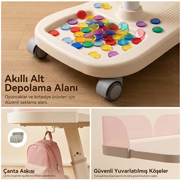 ErgoKids Bonny Mobil Çocuk Çalışma Masası ve Sandalye Seti Pembe