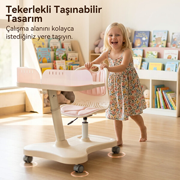 ErgoKids Bonny Mobil Çocuk Çalışma Masası ve Sandalye Seti Pembe
