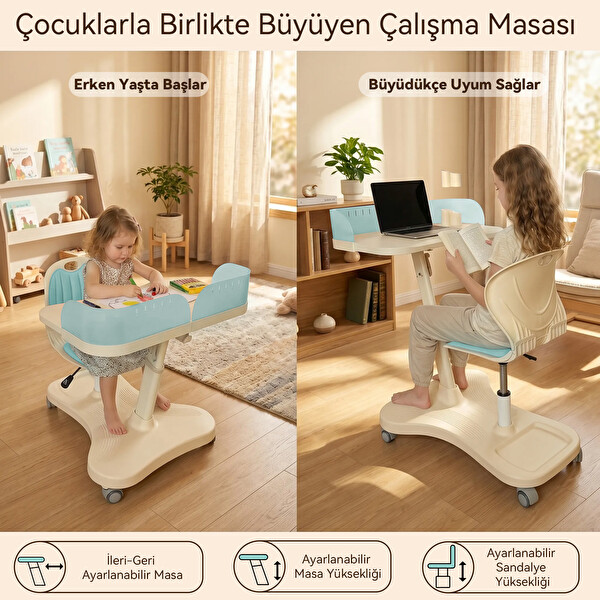 ErgoKids Bonny Mobil Çocuk Çalışma Masası ve Sandalye Seti Mavi