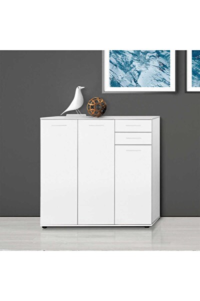 Adore Mobilya Trendline 3 Kapaklı 2 Çekmeceli Çok Amaçlı Dolap - Mat Beyaz 108x108x35 CM (GxYxD)